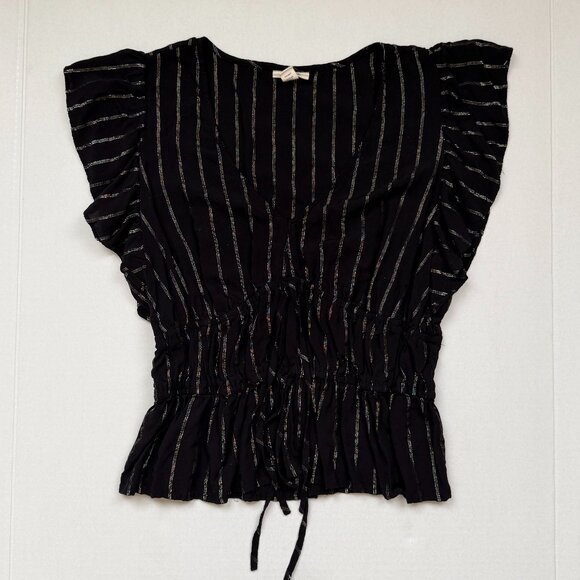 Black Striped Ruffle Sleeve Cinched Waist Top – Flowy Peplum Style - Picture 1 of 2